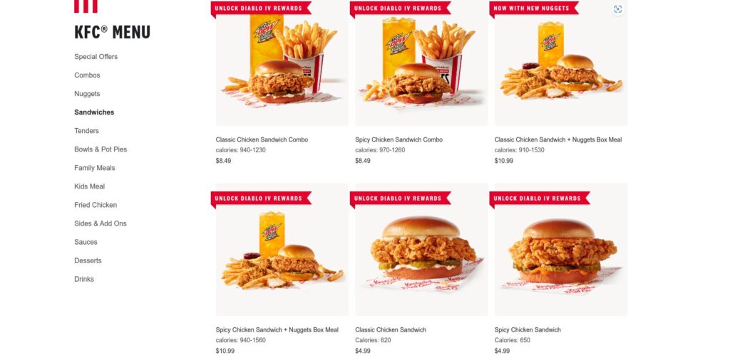 KFC Sandwich Combos Menu Price